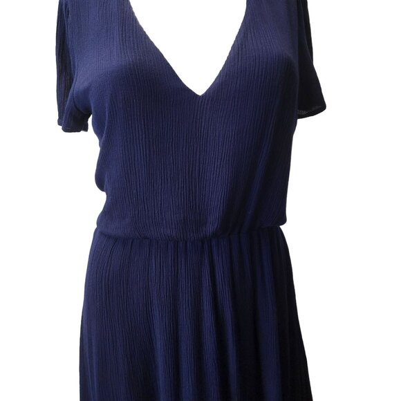 Wayf Navy Blue Blouson Midi Dress Rayon & Polyester Lined V-Neck Short Sleeves M - Picture 6 of 16